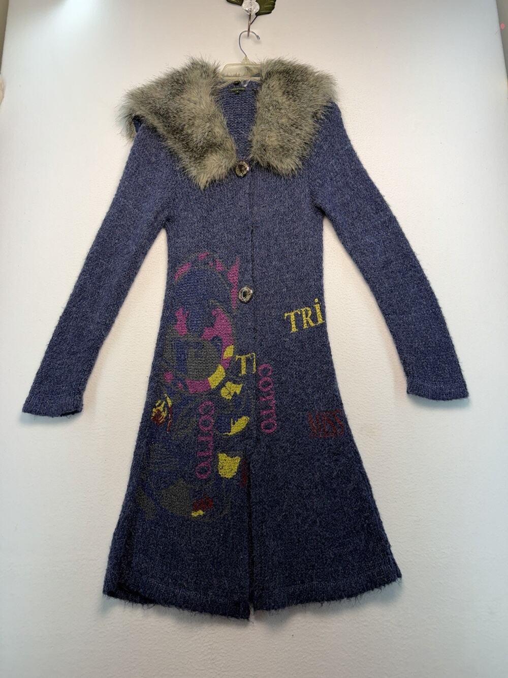 Tricotto M Long Artsy Knit Sweater Faux Fur Detachable Collar Snap Front Edgy